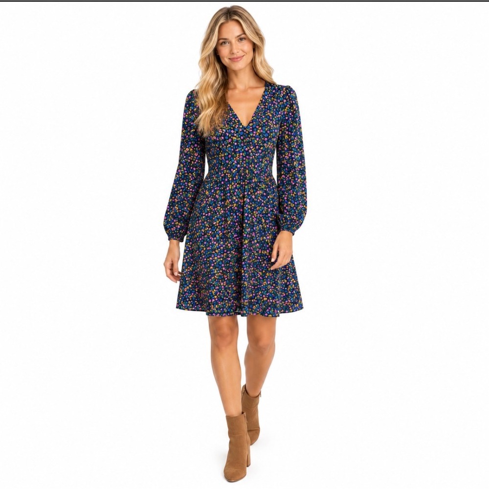 NWT Boden D0289 NAR Floral V-Neck Long Sleeve Fit & Flare Dress Navy Multi 6L
